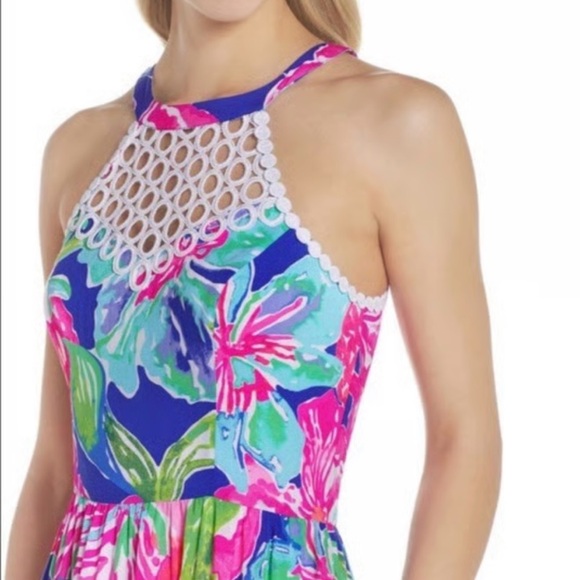 Lilly Pulitzer Kinley Pink Blue Halter Sleeveless Eyelet Fit & Flare Sundress - Picture 2 of 14